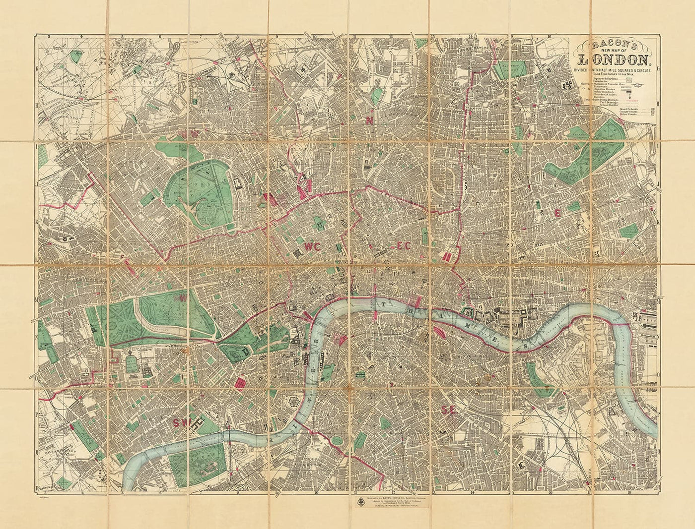 Big Old Map of London by Bacon, 1890 - Rare Folding Wall Chart of Victorian England