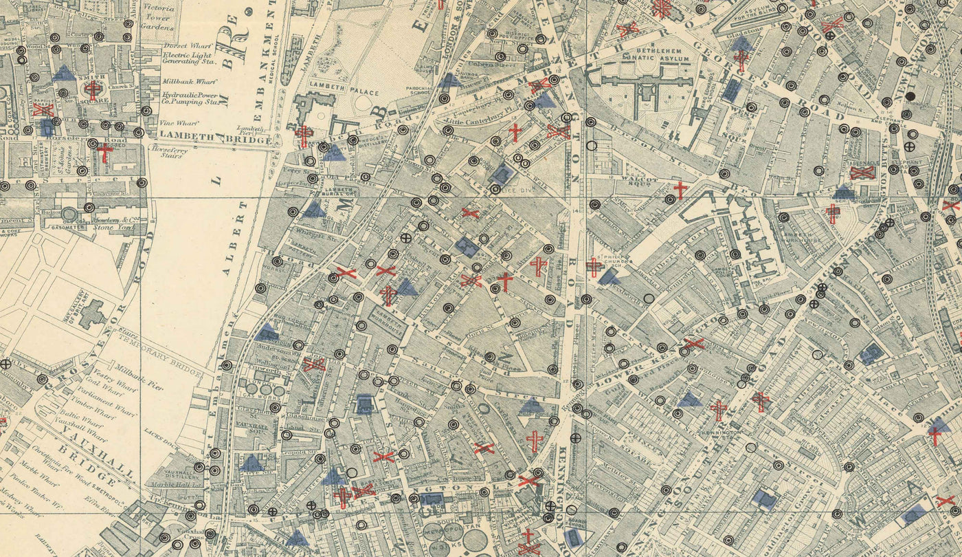 Old Map of London's Churches, Pubs and Schools in 1903 by Charles Booth - Westminster, City of London, Southwark, Isle of Dogs