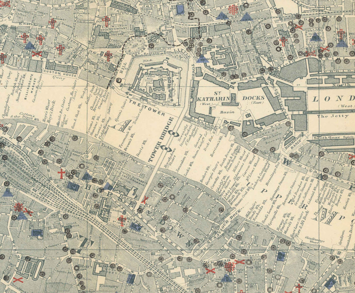Old Map of London's Churches, Pubs and Schools in 1903 by Charles Booth - Westminster, City of London, Southwark, Isle of Dogs