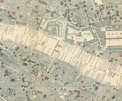 Old Map of London's Churches, Pubs and Schools in 1903 by Charles Booth - Westminster, City of London, Southwark, Isle of Dogs