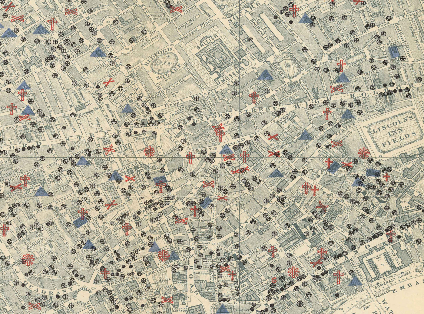 Old Map of London's Churches, Pubs and Schools in 1903 by Charles Booth - Westminster, City of London, Southwark, Isle of Dogs