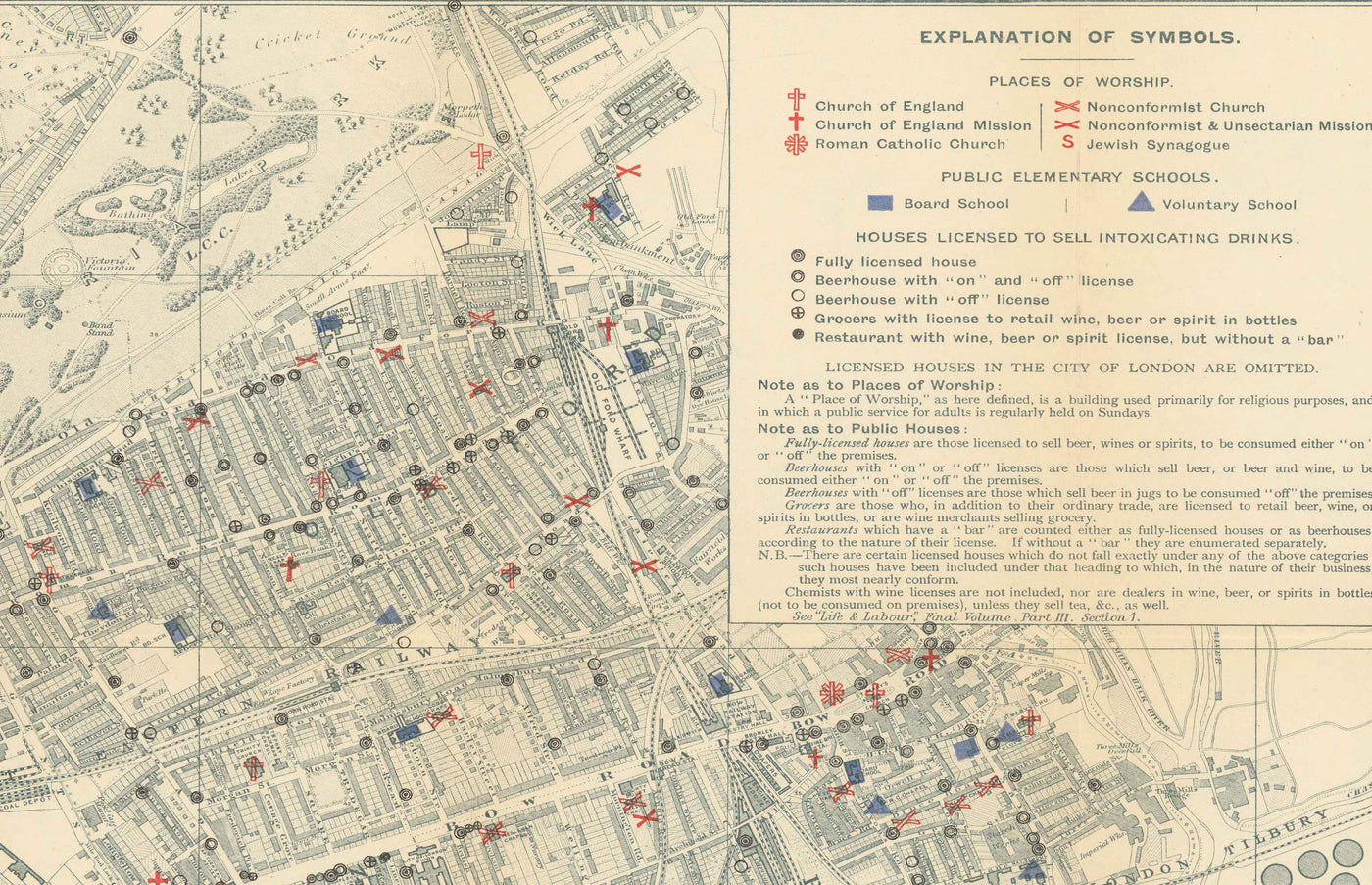 Old Map of London's Churches, Pubs and Schools in 1903 by Charles Booth - Westminster, City of London, Southwark, Isle of Dogs