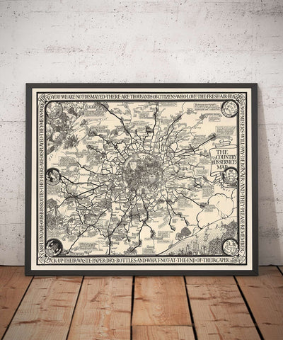 Viejo mapa monocromo de Londres, suburbios y cinturón de cercanías de Max Gill en 1928 - "Flow Flog son nuestras rutas de autobuses"