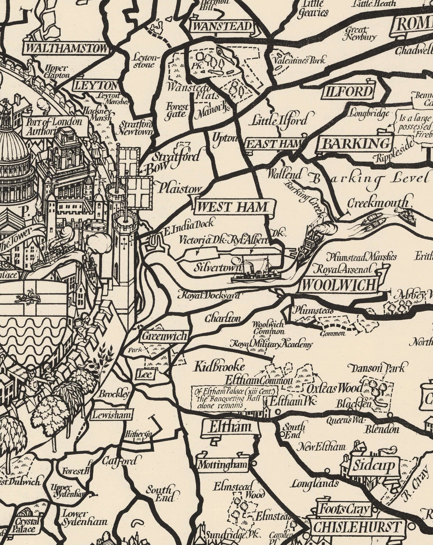 Viejo mapa monocromo de Londres, suburbios y cinturón de cercanías de Max Gill en 1928 - "Flow Flog son nuestras rutas de autobuses"