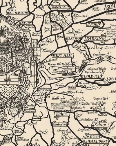 Viejo mapa monocromo de Londres, suburbios y cinturón de cercanías de Max Gill en 1928 - "Flow Flog son nuestras rutas de autobuses"