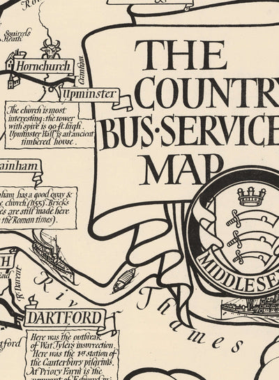 Viejo mapa monocromo de Londres, suburbios y cinturón de cercanías de Max Gill en 1928 - "Flow Flog son nuestras rutas de autobuses"