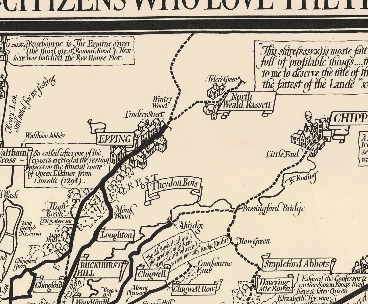 Viejo mapa monocromo de Londres, suburbios y cinturón de cercanías de Max Gill en 1928 - "Flow Flog son nuestras rutas de autobuses"