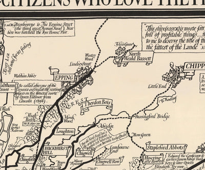 Viejo mapa monocromo de Londres, suburbios y cinturón de cercanías de Max Gill en 1928 - "Flow Flog son nuestras rutas de autobuses"