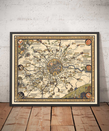 Vecchia mappa pittorica di Londra, sobborghi e cintura dei pendolari, 1928, di Max Gill - "Lontane sono le nostre linee di autobus" 