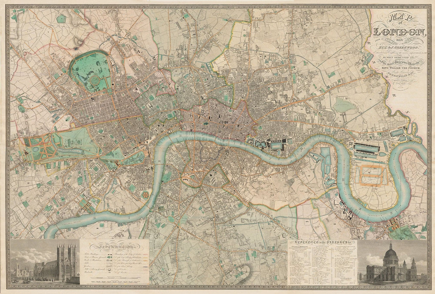 Custom Old Map of London by C&J Greenwood, 1830