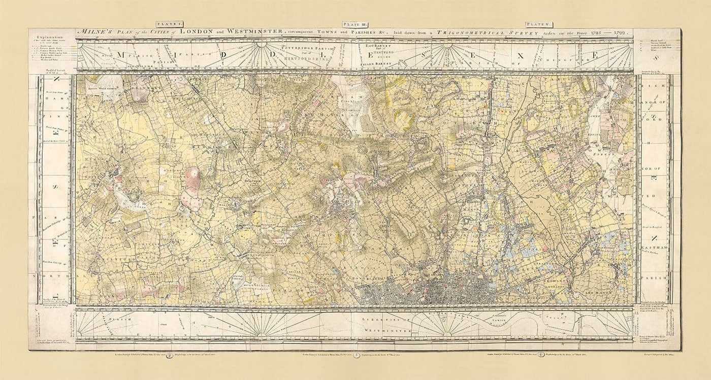 Rare ancienne carte de Londres et de banlieues, 1799 par Milne - City, Hackney, Westminster, Dalston, Hampstead, Fields