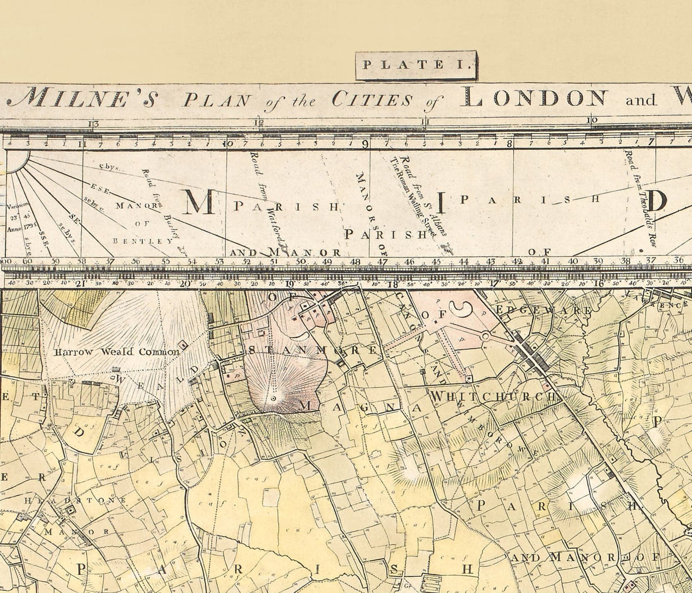 Rare ancienne carte de Londres et de banlieues, 1799 par Milne - City, Hackney, Westminster, Dalston, Hampstead, Fields