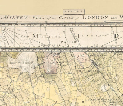 Rare ancienne carte de Londres et de banlieues, 1799 par Milne - City, Hackney, Westminster, Dalston, Hampstead, Fields