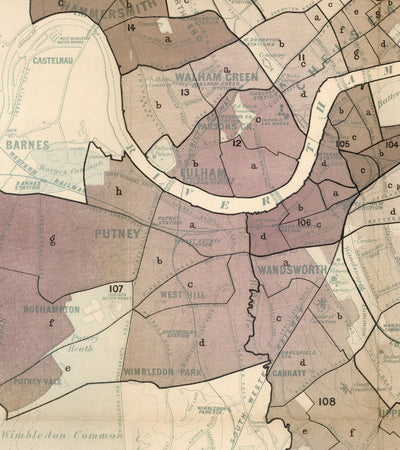 London Poverty Map, 1889 by Charles Booth - Central, South, West, North, East - Old Historic City Wall Chart