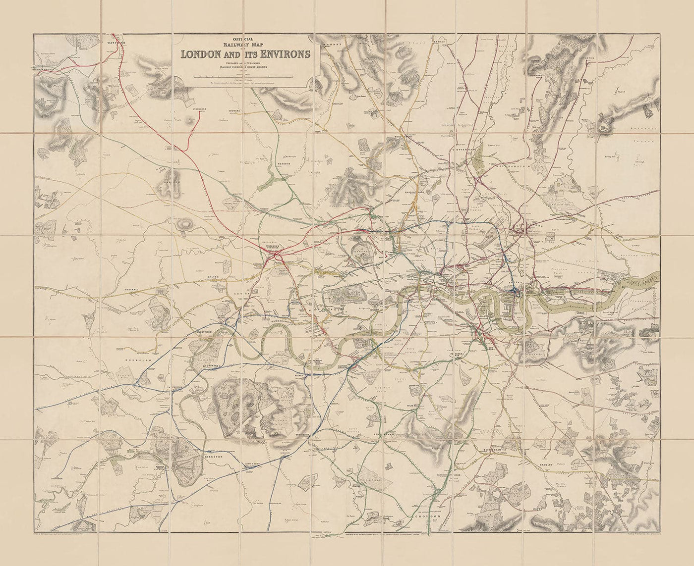 Alter Londoner Bahnlinienkarte, 1899 - Eisenbahnräumungsstelle Diagramm - Frühe Piccadilly-, Circle-, District- und U-Bahn-Linien 