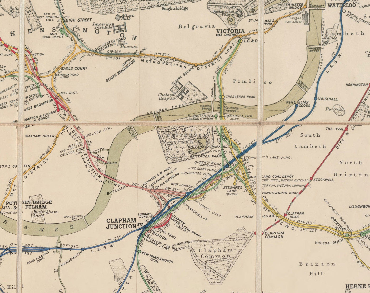 Alter Londoner Bahnlinienkarte, 1899 - Eisenbahnräumungsstelle Diagramm - Frühe Piccadilly-, Circle-, District- und U-Bahn-Linien 