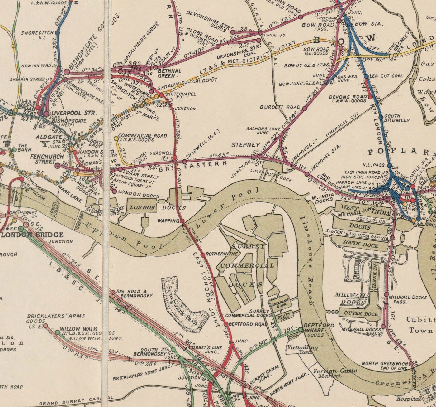 Alter Londoner Bahnlinienkarte, 1899 - Eisenbahnräumungsstelle Diagramm - Frühe Piccadilly-, Circle-, District- und U-Bahn-Linien 