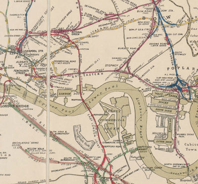 Alter Londoner Bahnlinienkarte, 1899 - Eisenbahnräumungsstelle Diagramm - Frühe Piccadilly-, Circle-, District- und U-Bahn-Linien 