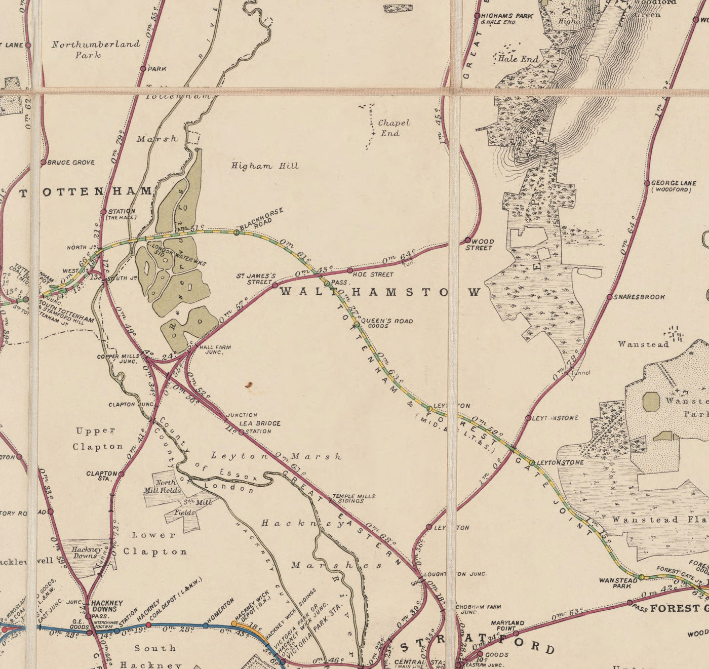 Alter Londoner Bahnlinienkarte, 1899 - Eisenbahnräumungsstelle Diagramm - Frühe Piccadilly-, Circle-, District- und U-Bahn-Linien 
