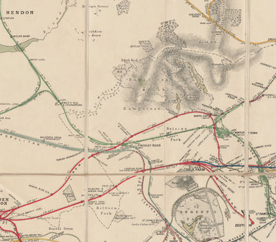 Alter Londoner Bahnlinienkarte, 1899 - Eisenbahnräumungsstelle Diagramm - Frühe Piccadilly-, Circle-, District- und U-Bahn-Linien 