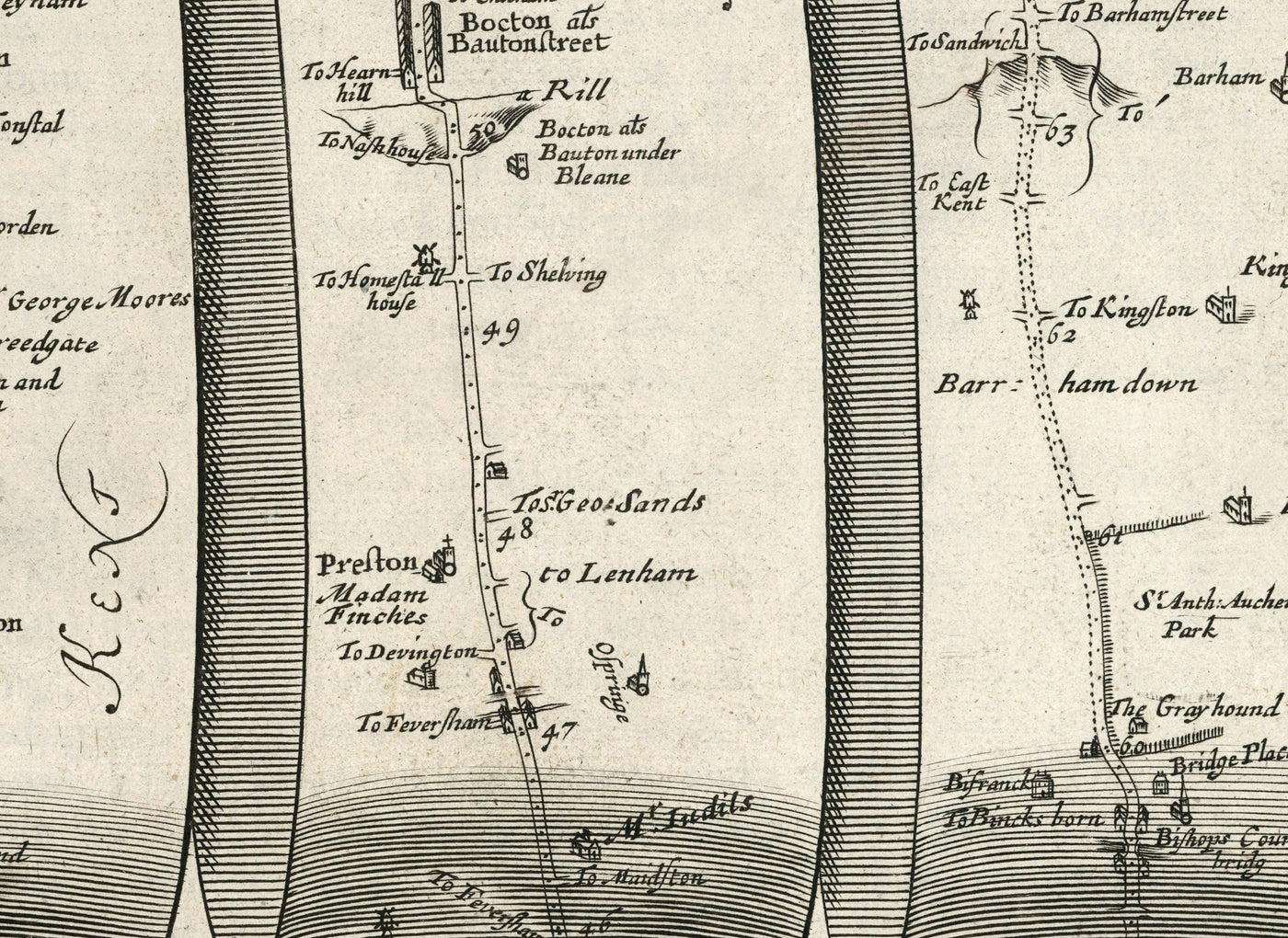 Ancienne carte routière de Londres à Douvres, 1675 par John Ogilby - Carte de voyage historique du Kent A2 