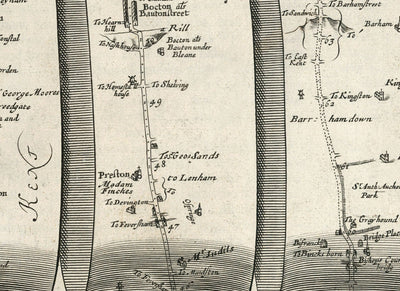 Ancienne carte routière de Londres à Douvres, 1675 par John Ogilby - Carte de voyage historique du Kent A2 