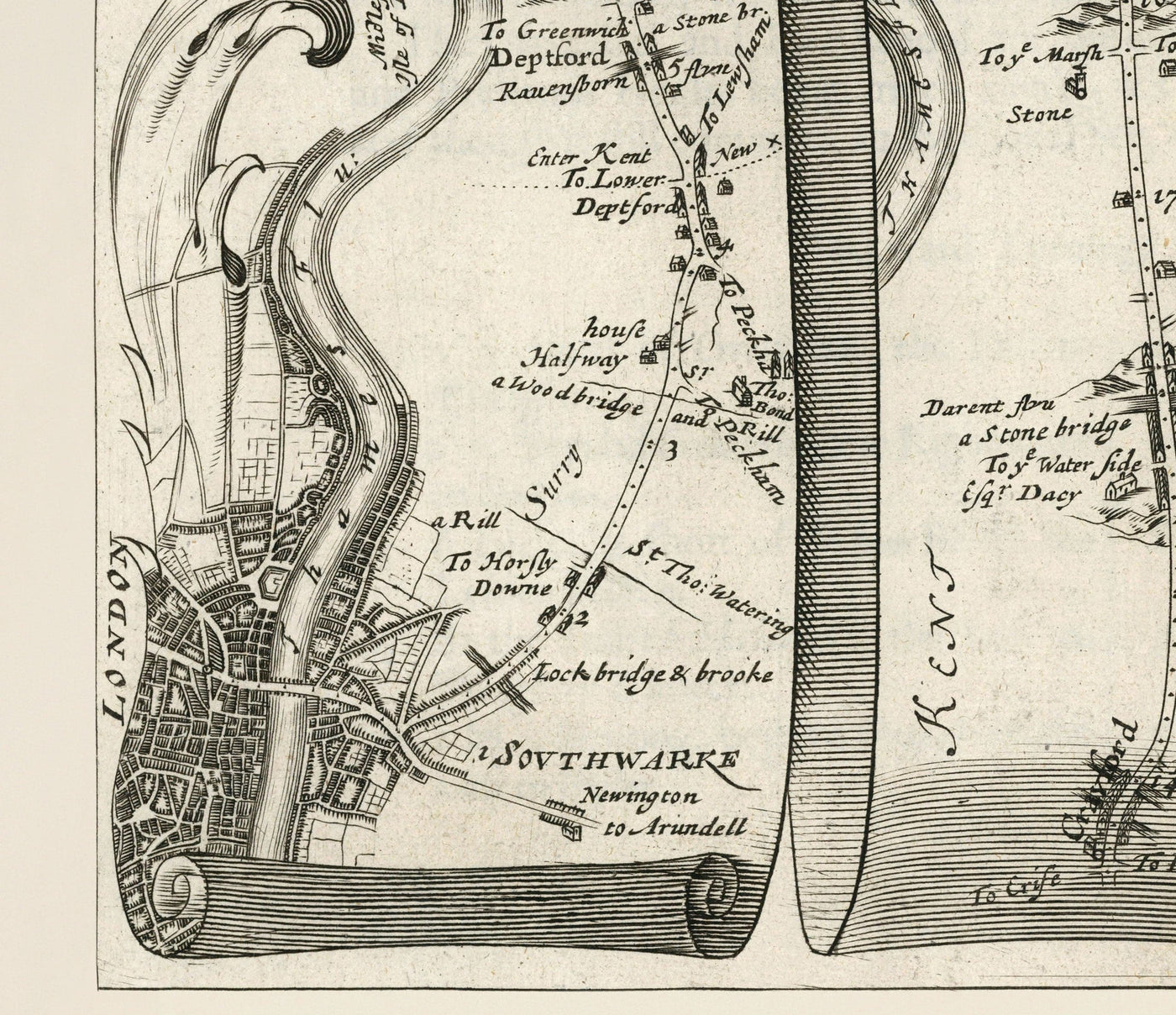 Ancienne carte routière de Londres à Douvres, 1675 par John Ogilby - Carte de voyage historique du Kent A2 
