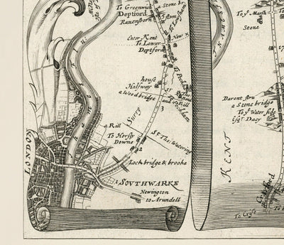 Ancienne carte routière de Londres à Douvres, 1675 par John Ogilby - Carte de voyage historique du Kent A2 