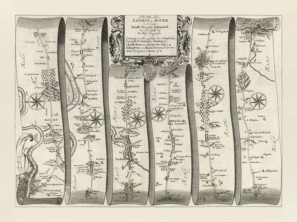Ancienne carte routière de Londres à Douvres, 1675 par John Ogilby - Carte de voyage historique du Kent A2 