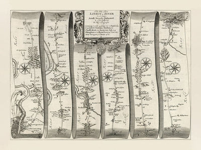 Ancienne carte routière de Londres à Douvres, 1675 par John Ogilby - Carte de voyage historique du Kent A2 