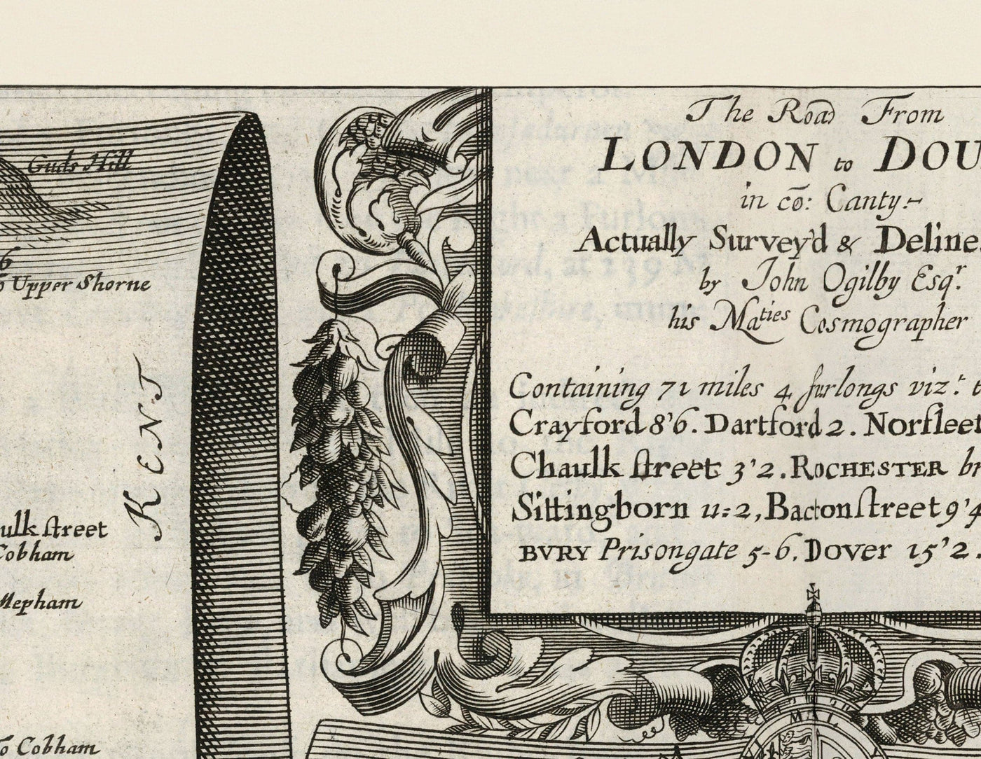 Ancienne carte routière de Londres à Douvres, 1675 par John Ogilby - Carte de voyage historique du Kent A2 
