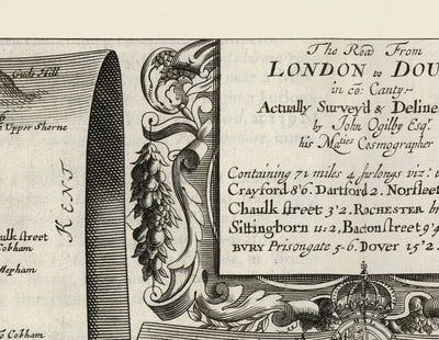 Ancienne carte routière de Londres à Douvres, 1675 par John Ogilby - Carte de voyage historique du Kent A2 