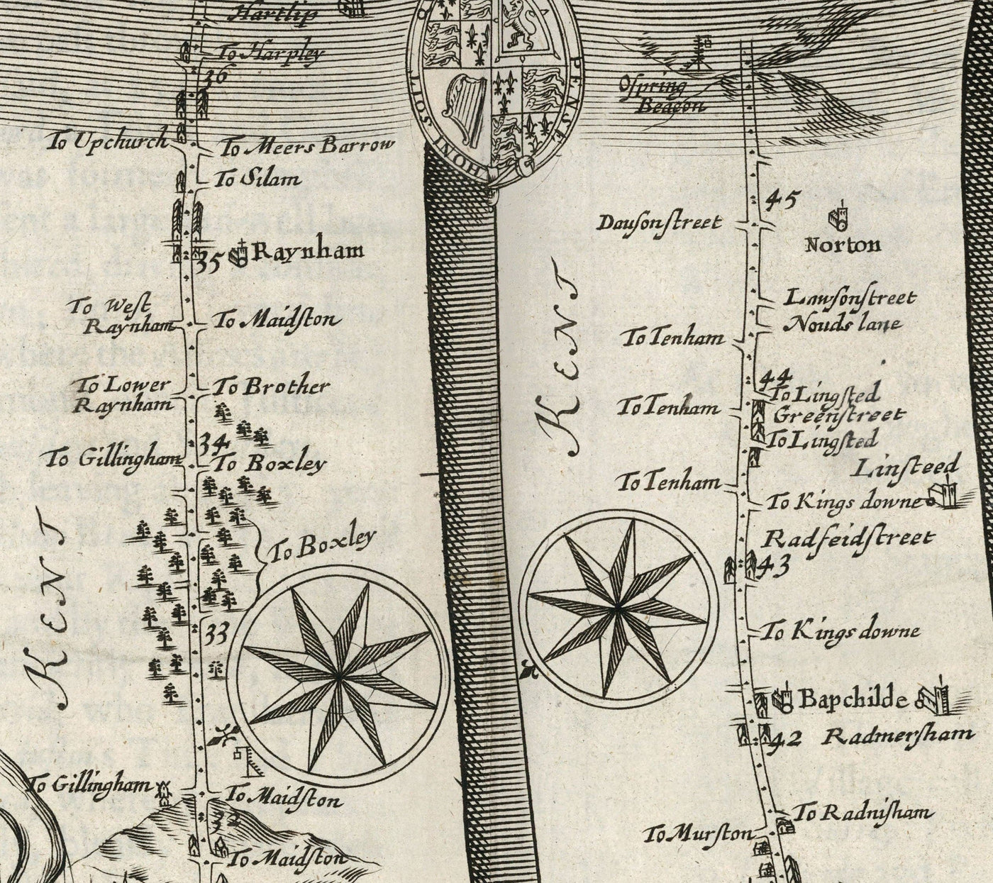 Ancienne carte routière de Londres à Douvres, 1675 par John Ogilby - Carte de voyage historique du Kent A2 