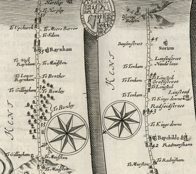 Ancienne carte routière de Londres à Douvres, 1675 par John Ogilby - Carte de voyage historique du Kent A2 