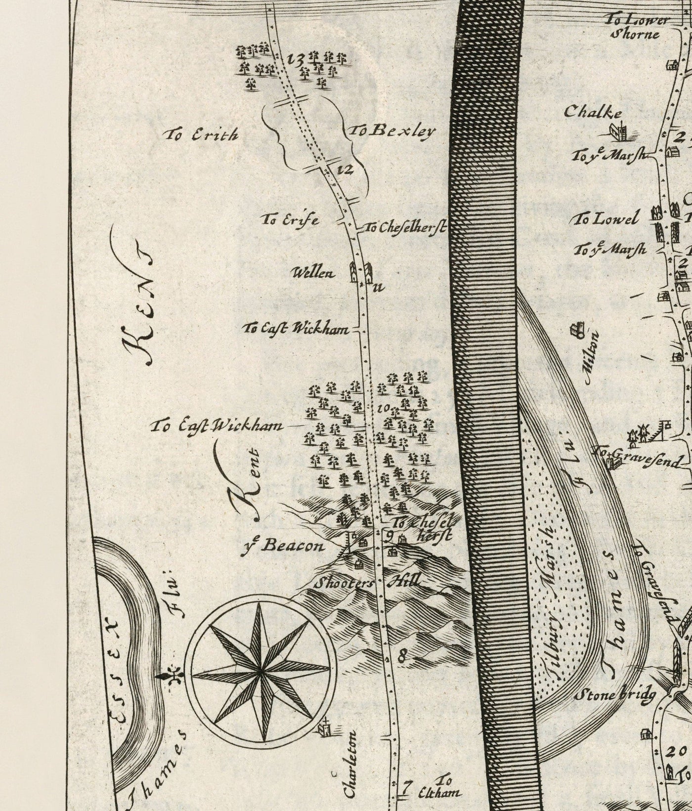 Ancienne carte routière de Londres à Douvres, 1675 par John Ogilby - Carte de voyage historique du Kent A2 