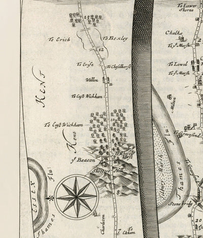 Ancienne carte routière de Londres à Douvres, 1675 par John Ogilby - Carte de voyage historique du Kent A2 
