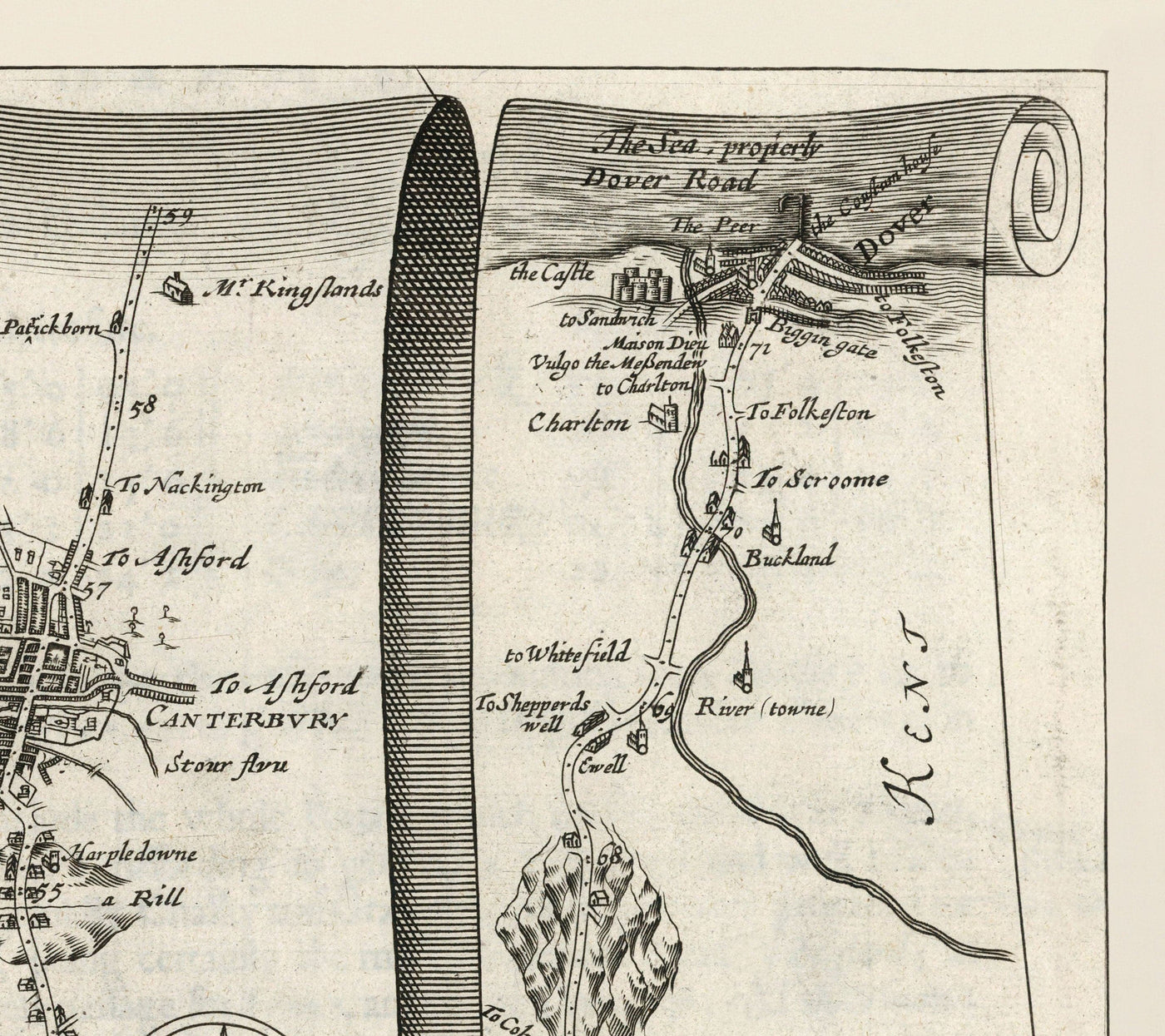 Ancienne carte routière de Londres à Douvres, 1675 par John Ogilby - Carte de voyage historique du Kent A2 