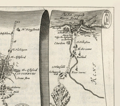 Ancienne carte routière de Londres à Douvres, 1675 par John Ogilby - Carte de voyage historique du Kent A2 