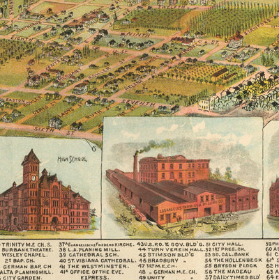 Old Birds Eye Map of Los Angeles in 1894 by BW Pierce - Downtown, Historic Southern LA, Pico, Inglewood, Pacific Ocean
