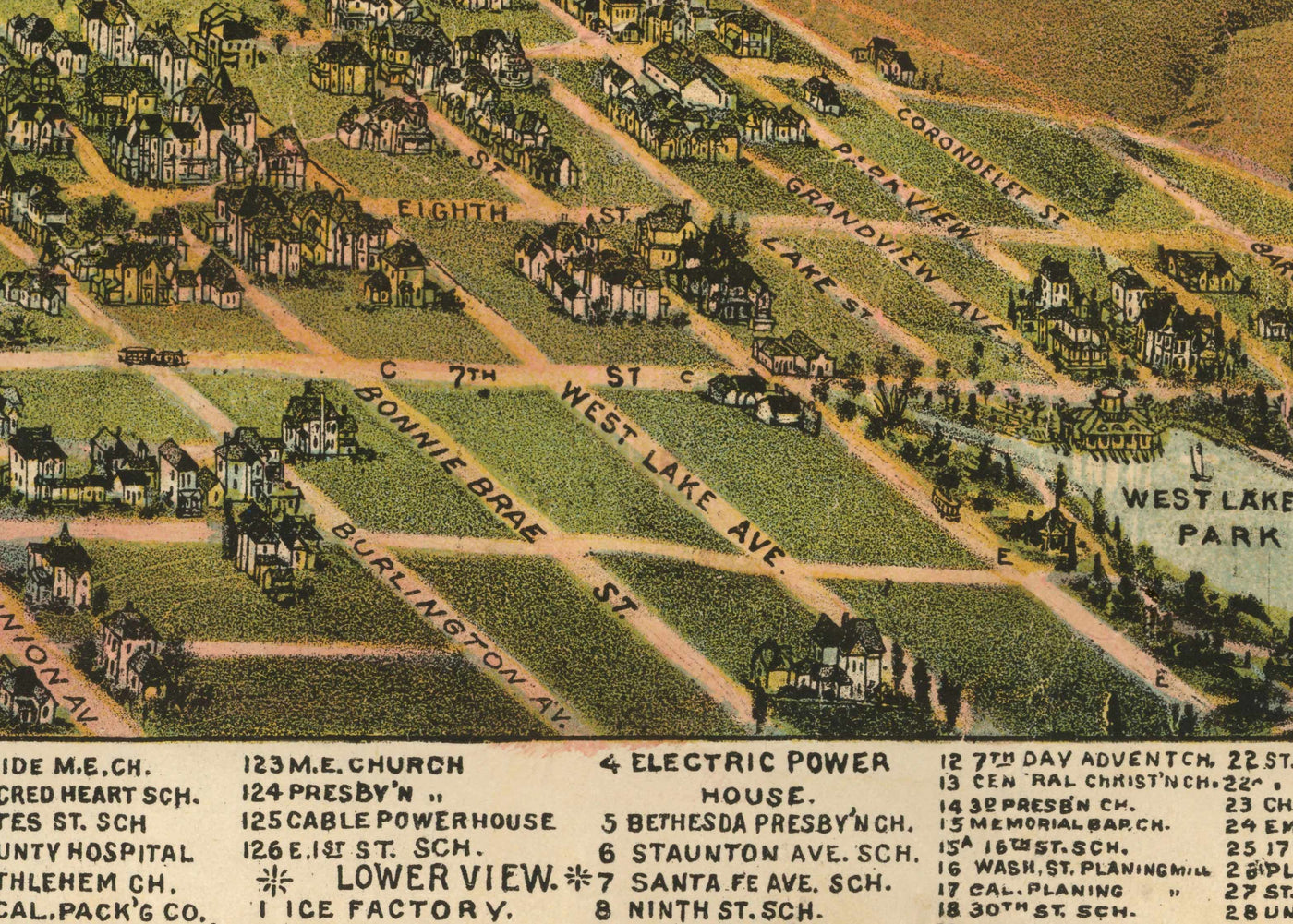 Old Birds Eye Map of Los Angeles in 1894 by BW Pierce - Downtown, Historic Southern LA, Pico, Inglewood, Pacific Ocean