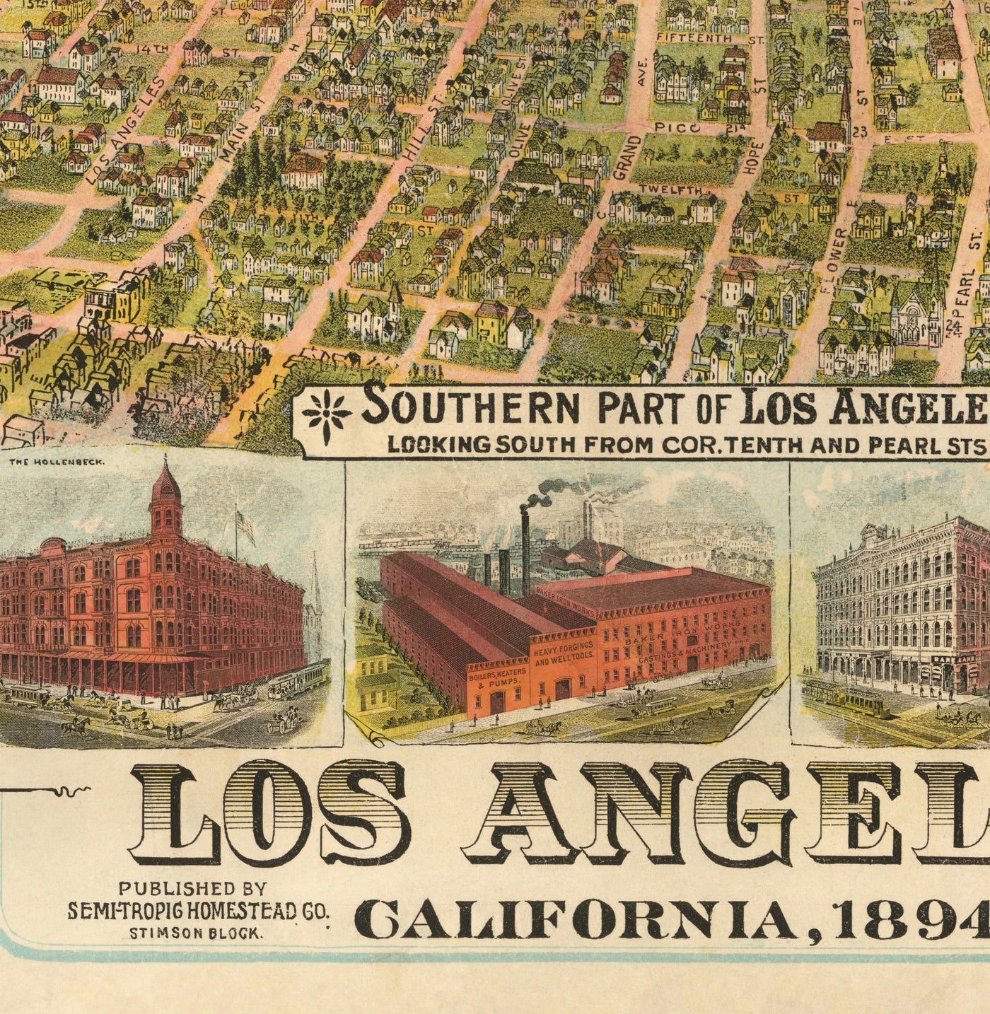 Old Birds Eye Map of Los Angeles in 1894 by BW Pierce - Downtown, Historic Southern LA, Pico, Inglewood, Pacific Ocean