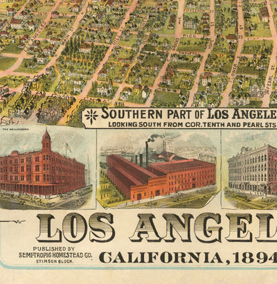 Old Birds Eye Map of Los Angeles in 1894 by BW Pierce - Downtown, Historic Southern LA, Pico, Inglewood, Pacific Ocean
