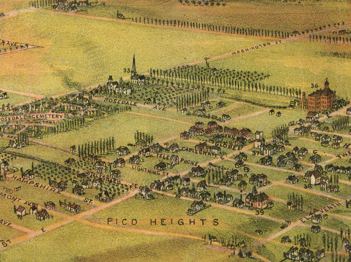 Old Birds Eye Map of Los Angeles in 1894 by BW Pierce - Downtown, Historic Southern LA, Pico, Inglewood, Pacific Ocean