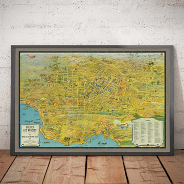 Old Map of Los Angeles, 1932 - Pictorial Summer Olympics Chart - Beaches, Hollywood, Downtown, Pasadena