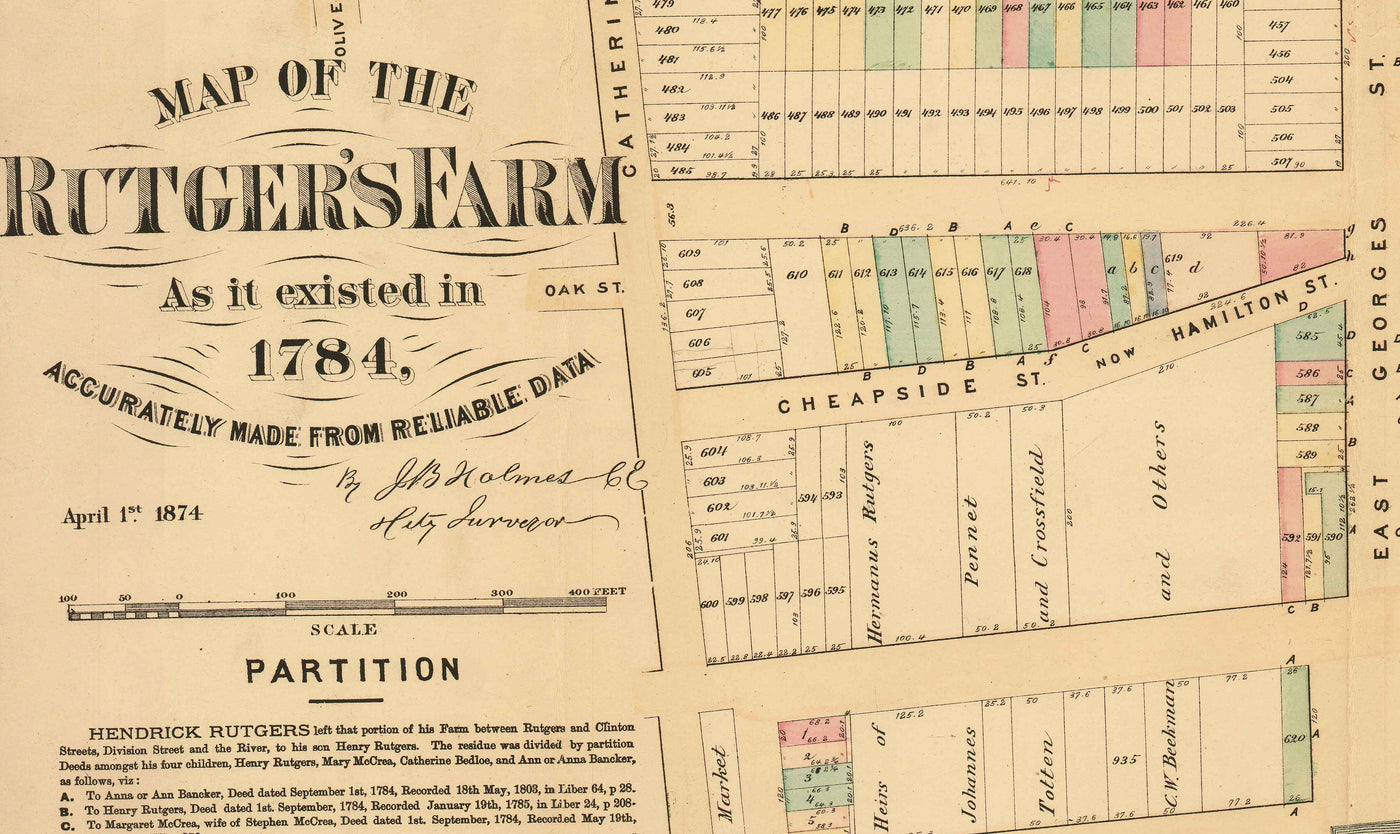 Old Map of Lower East Side & Two Bridges, NYC 1874 - Manhattan Streets, Rutger's Farm, East River