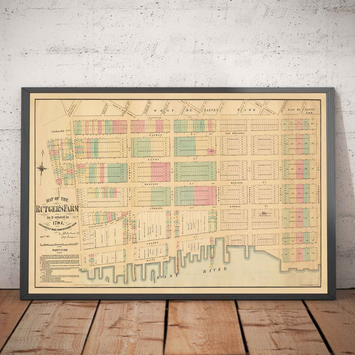 Old Map of Lower East Side & Two Bridges, NYC 1874 - Manhattan Streets, Rutger's Farm, East River
