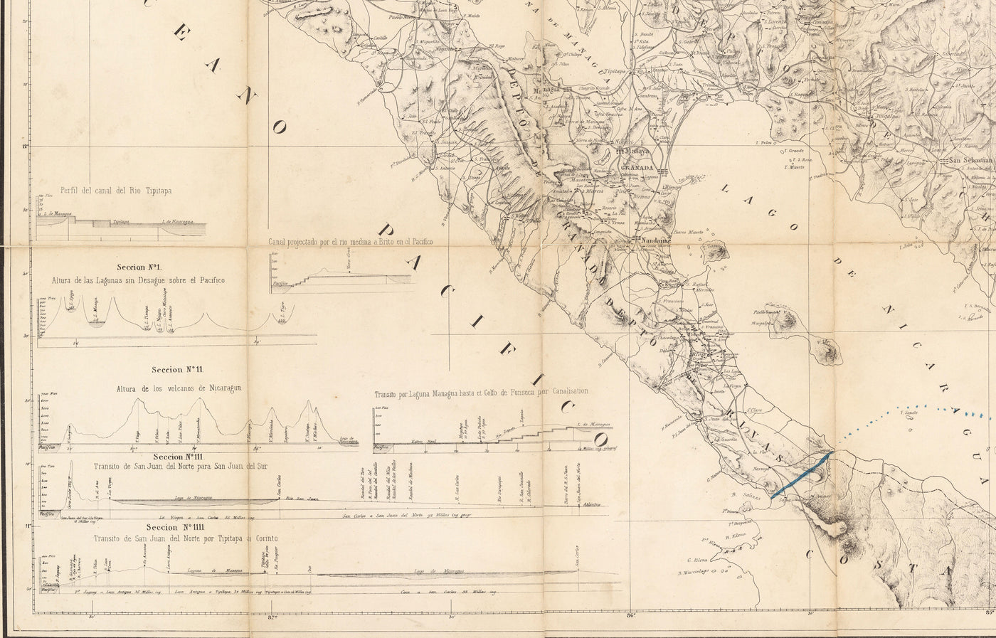 Old Map of Nicaragua in 1863 by Sonnestern - Managua, Leon, Chinandega, Esteli, Lake Nicaragua
