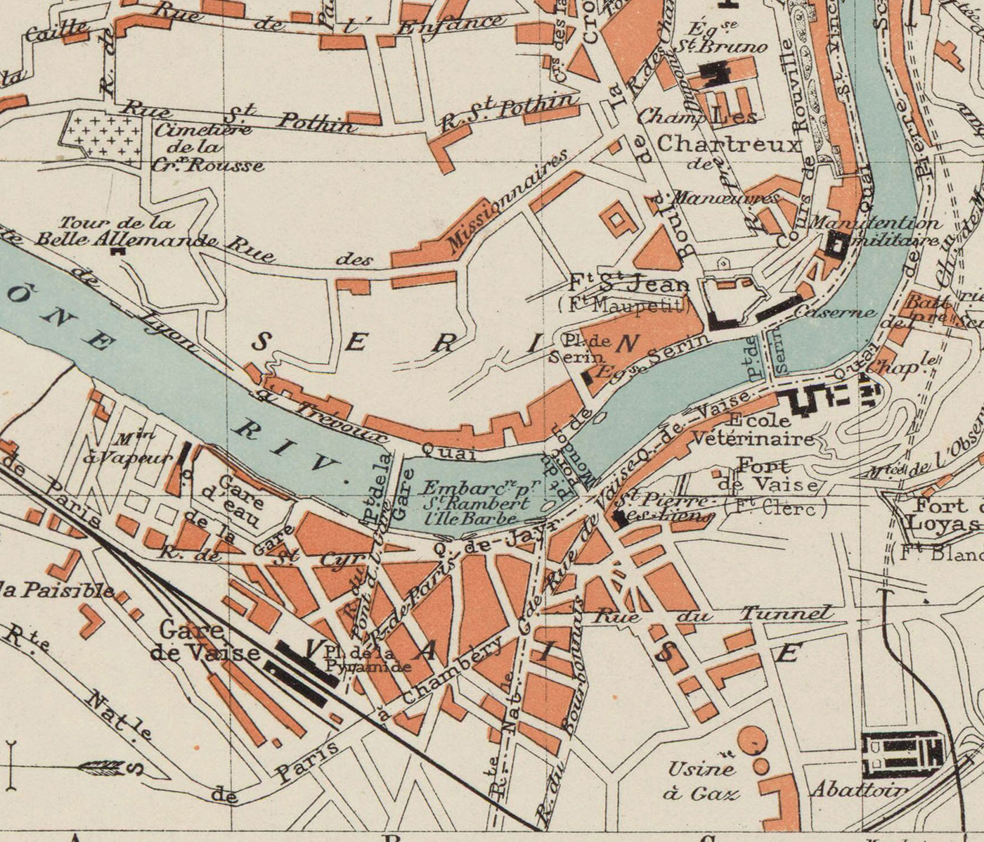 Mapa antiguo de Lyon, Francia en 1888 por Louis-Francois - La Basilique Notre Dame, Río Rhone, Saone, Parc de la Tete d'Or, Place des Terreaux