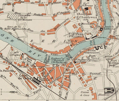 Mapa antiguo de Lyon, Francia en 1888 por Louis-Francois - La Basilique Notre Dame, Río Rhone, Saone, Parc de la Tete d'Or, Place des Terreaux