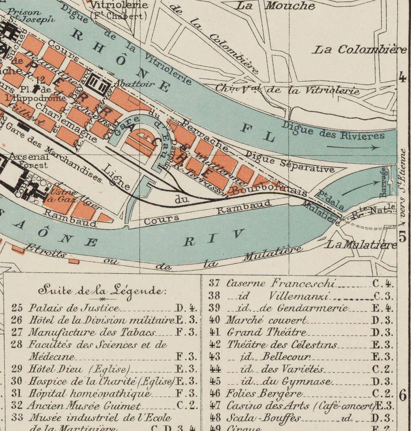 Mapa antiguo de Lyon, Francia en 1888 por Louis-Francois - La Basilique Notre Dame, Río Rhone, Saone, Parc de la Tete d'Or, Place des Terreaux